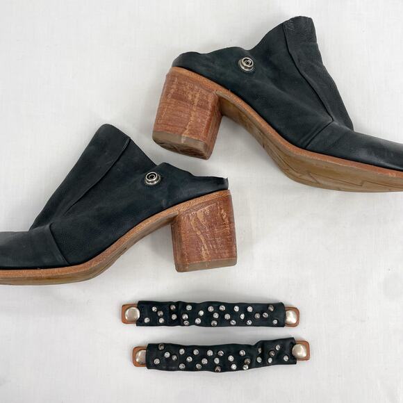 A.S.98 Black Leather Mules Silver Studded Heeled Shoes Boho Cottage EU Size 36 - Picture 11 of 15
